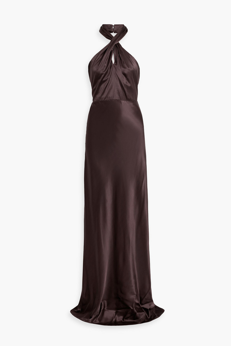 veronica beard - alberta silk-blend satin halterneck maxi dress - brown - us 16