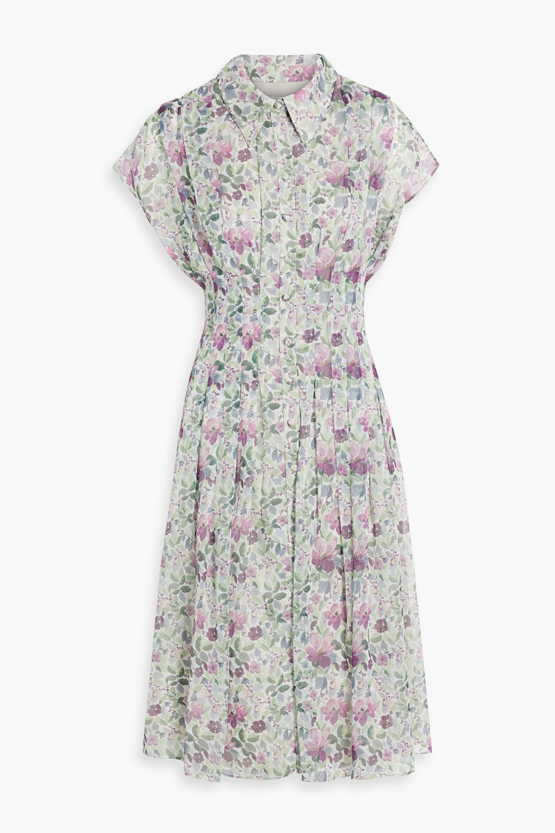 mikael aghal - pleated floral-print chiffon midi shirt dress - purple - us 2