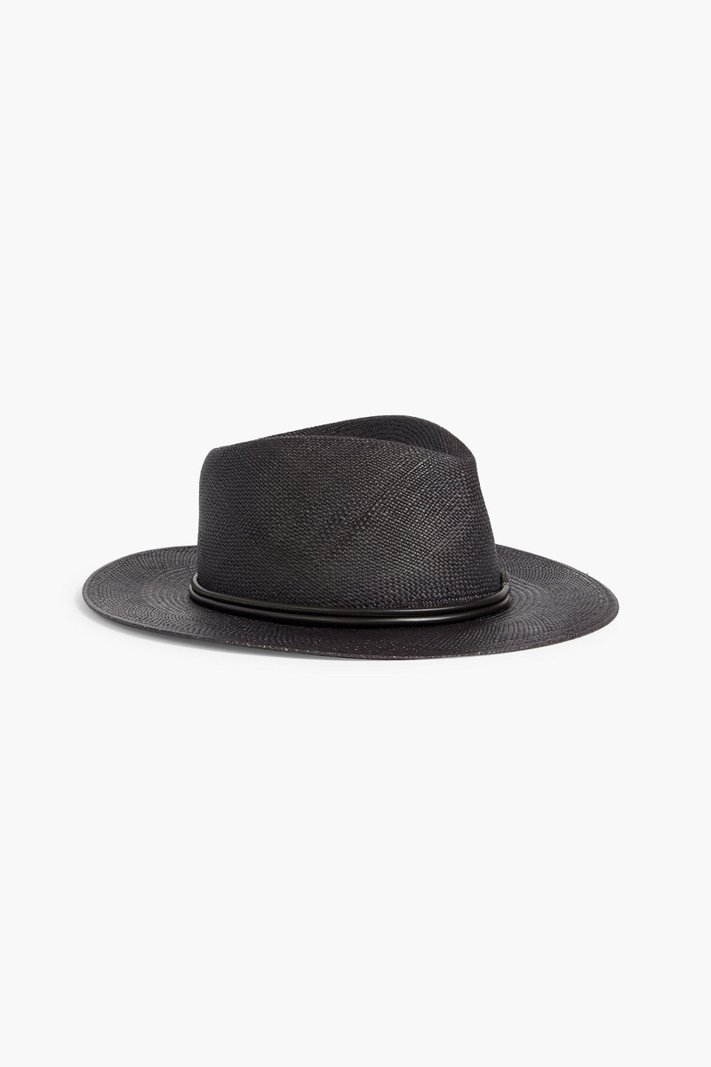brunello cucinelli - leather-trimmed bead-embellished straw fedora - black - l
