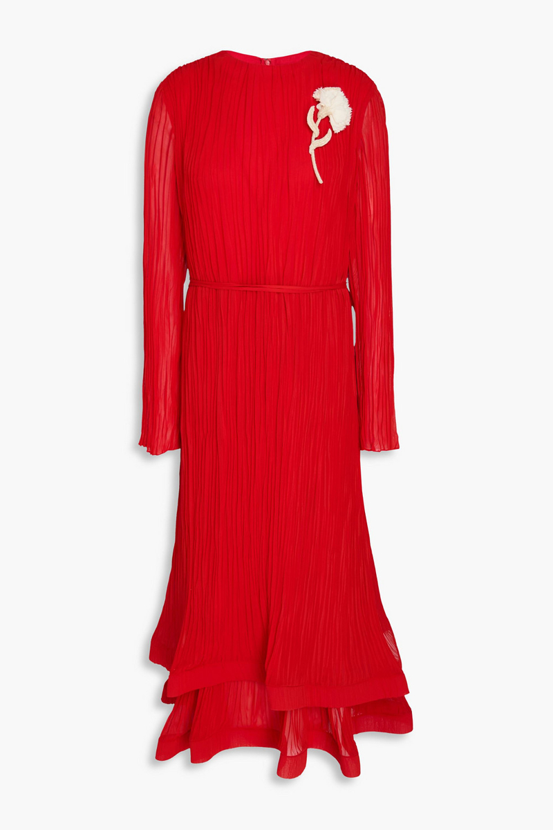 erdem - embellished plissé-georgette midi dress - red - uk 8