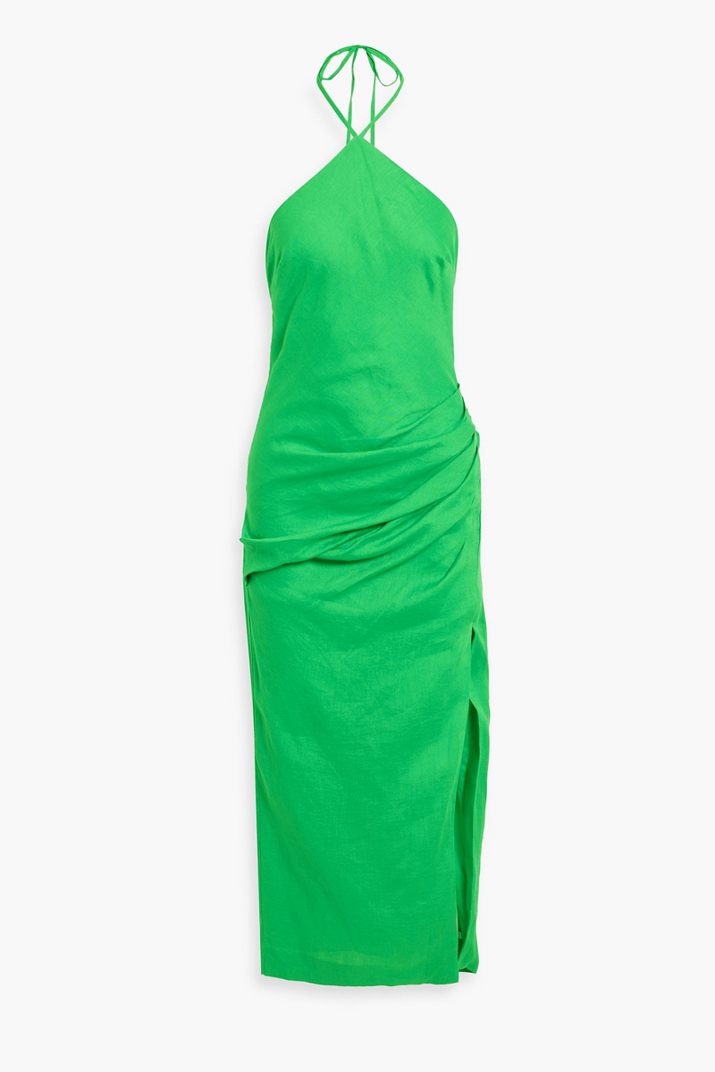simkhai - hansel draped linen halterneck maxi dress - green - us 0