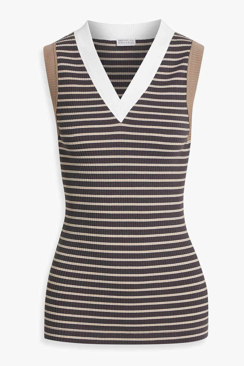 brunello cucinelli - bead-embellished striped ribbed cotton-blend top - gray - m