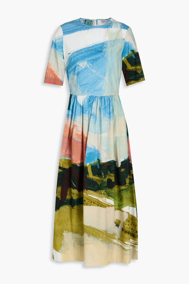 oscar de la renta - printed cotton-blend poplin midi dress - blue - us 0