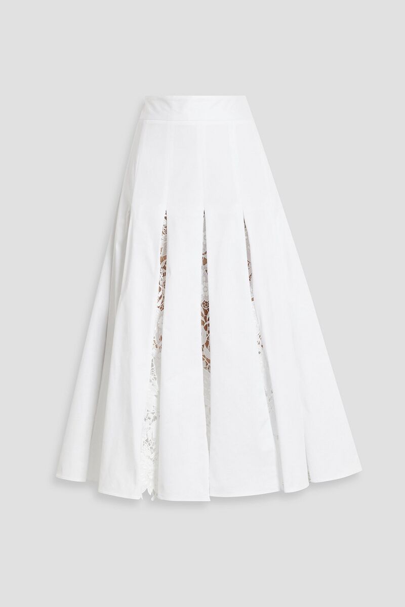 Oscar de la Renta - Pleated guipure lace and cotton-blend poplin midi skirt - White - US 2