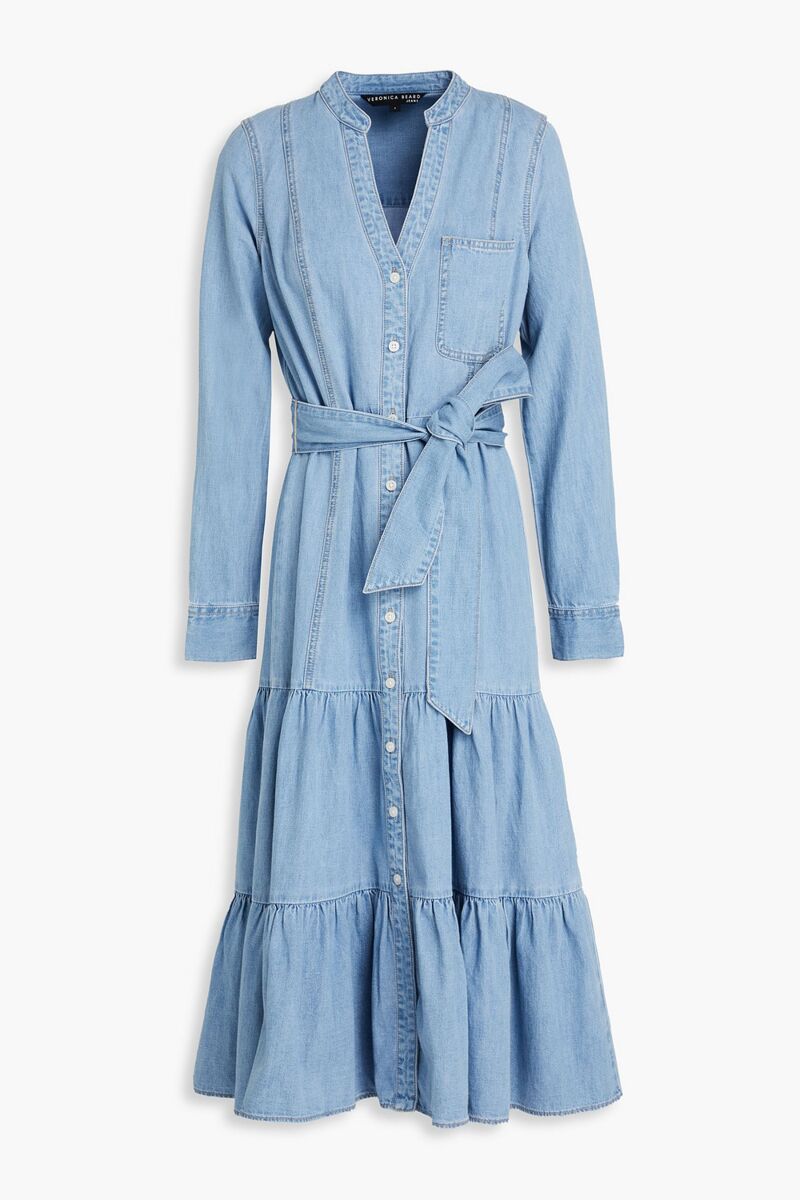 Veronica Beard - Kova belted tiered denim midi dress - Blue - US 2