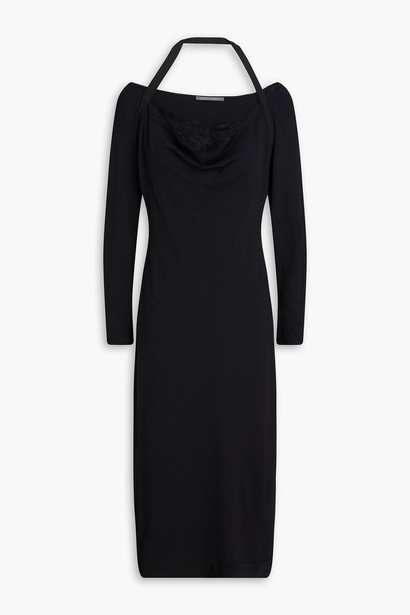 Alberta Ferretti - Lace-trimmed ribbed jersey halterneck midi dress - Black - IT 40