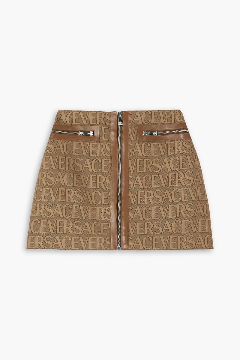 Versace - Leather-trimmed canvas-jacquard mini skirt - Brown - IT 38