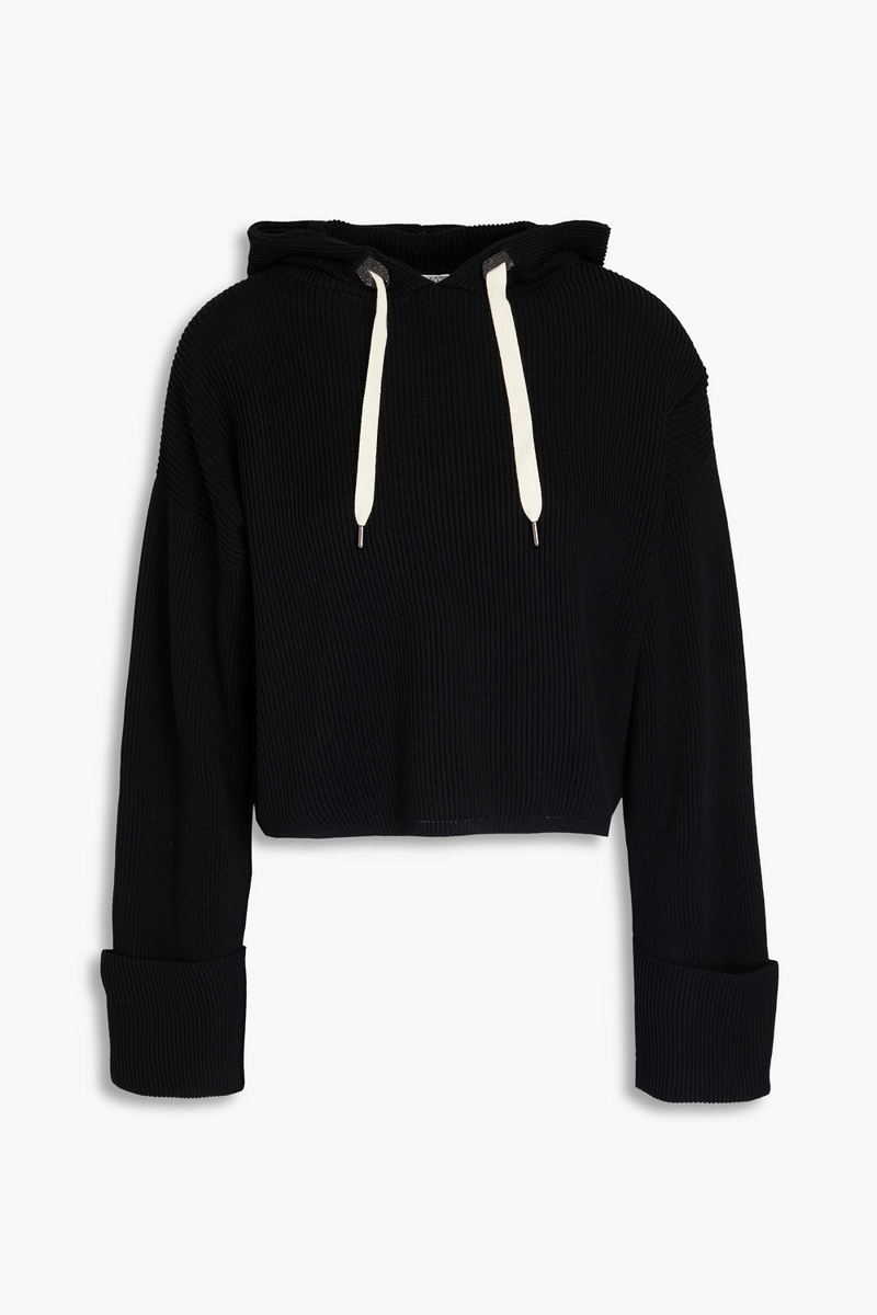brunello cucinelli - cropped ribbed cotton hoodie - black - xxs