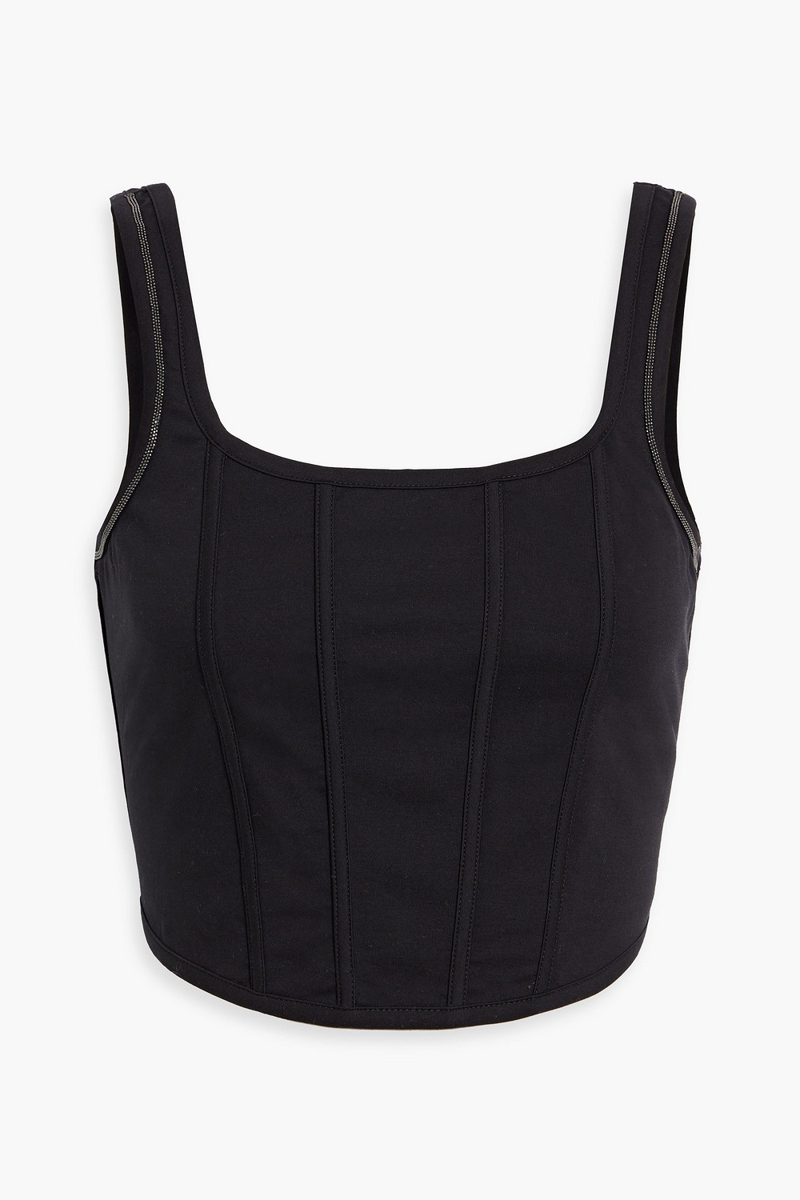 brunello cucinelli - cropped bead-embellished cotton-blend piqué bustier top - black - l