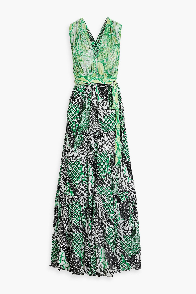 diane von furstenberg - drew tiered snake-print mesh maxi dress - green - xxs