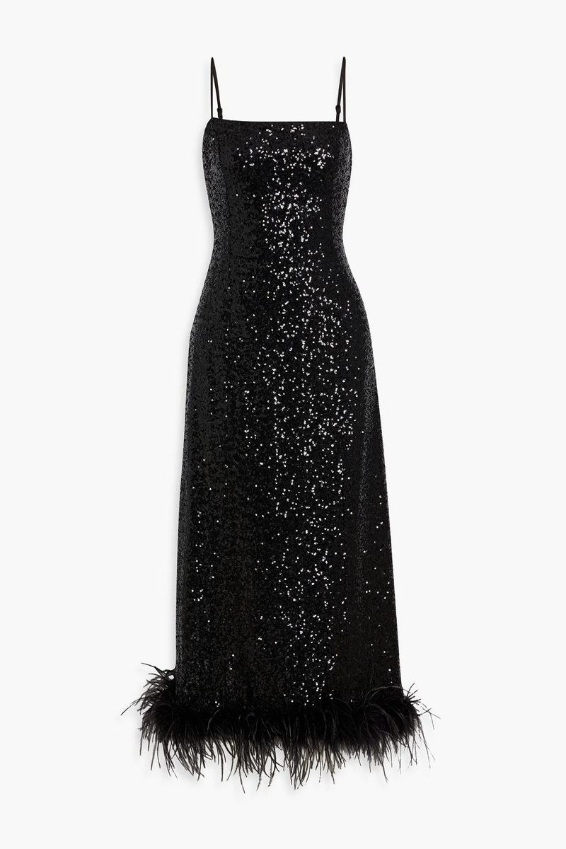 hvn - cora feather-trimmed sequined tulle maxi dress - black - us 0