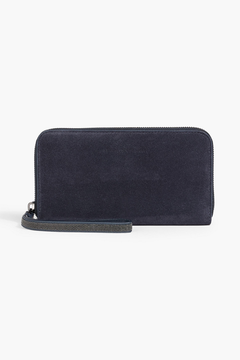 brunello cucinelli - bead-embellished suede wallet - blue - onesize