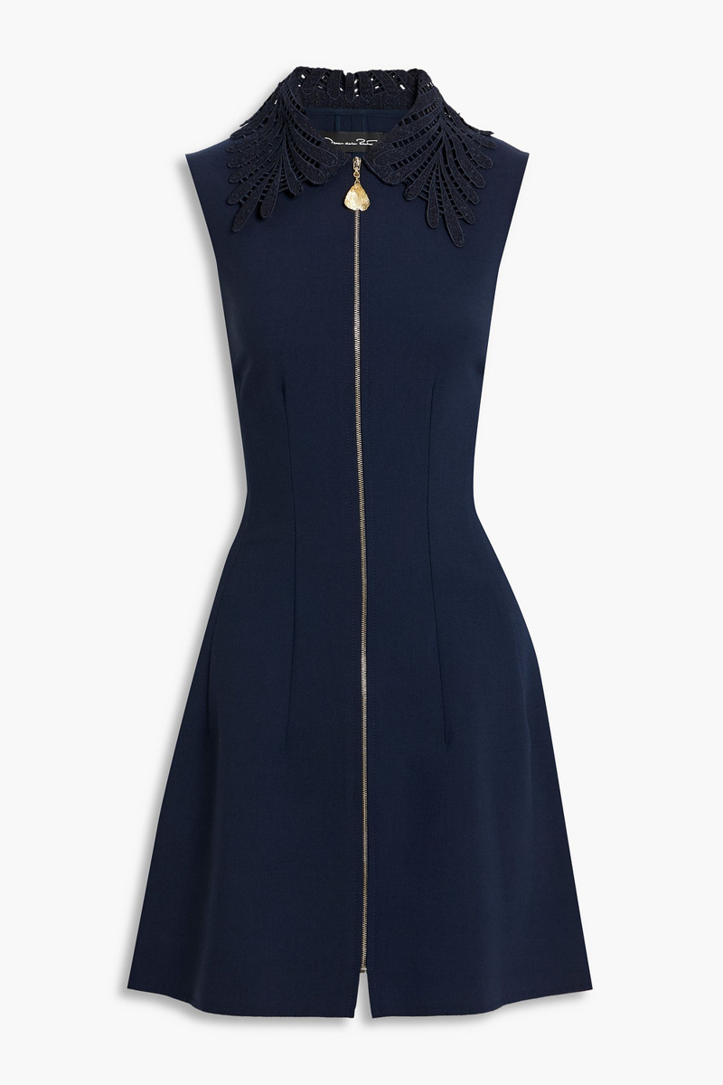 oscar de la renta - guipure lace-trimmed wool-blend crepe mini dress - blue - us 4