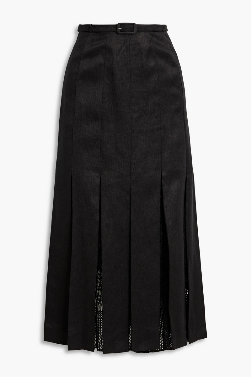 gabriela hearst - edith pleated linen-twill and crocheted silk midi skirt - black - it 36