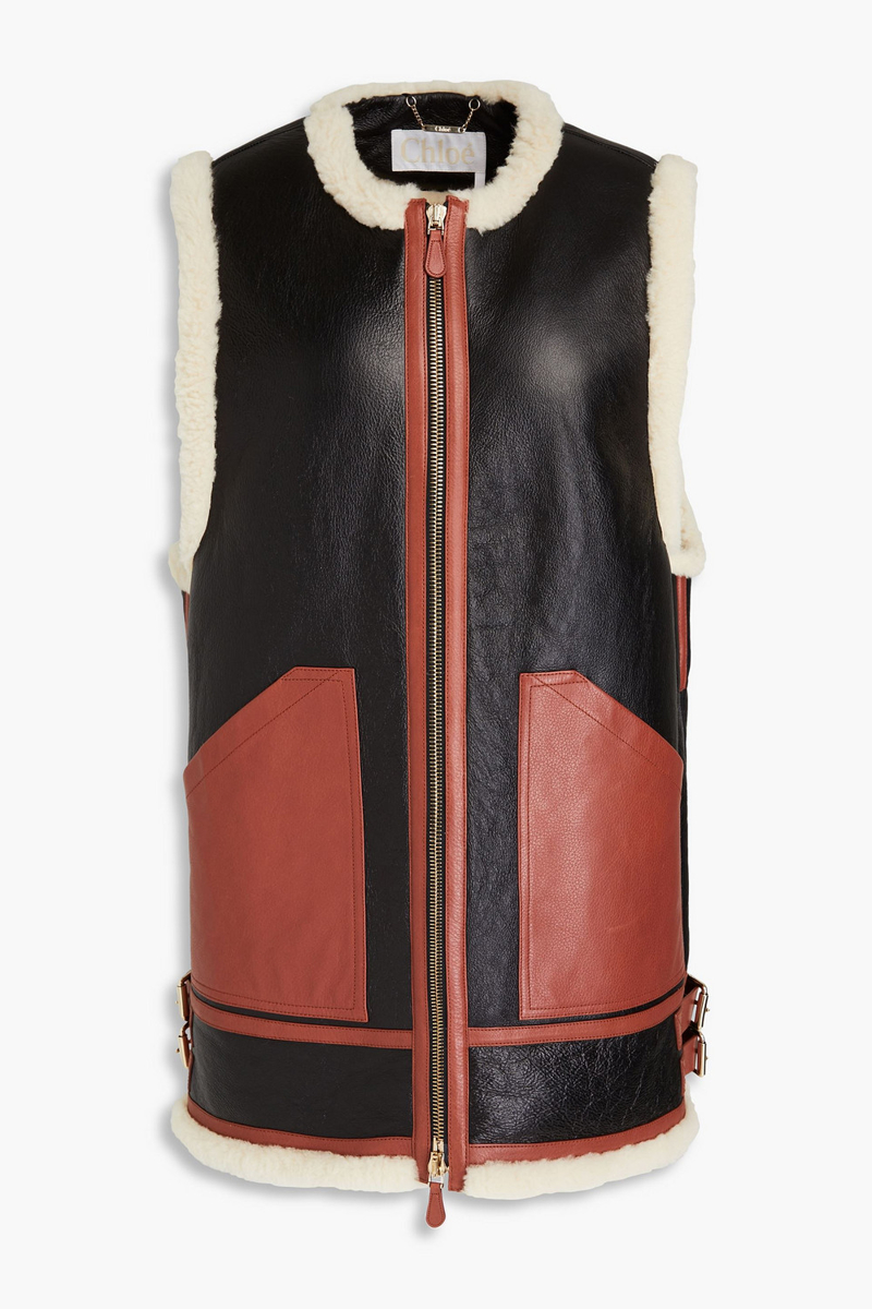 Chloé - Shearling-trimmed two-tone pebbled-leather vest - Black - FR 42