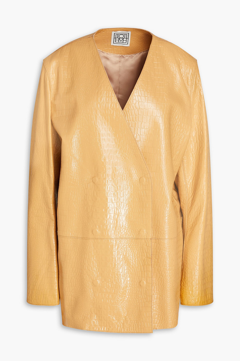 Totême - Double-breasted croc-effect leather blazer - Brown - FR 34