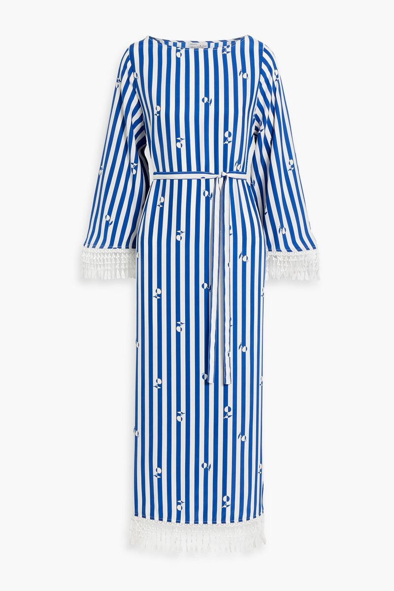 HVN - Andrea macramé-trimmed striped silk midi dress - Blue - US 10