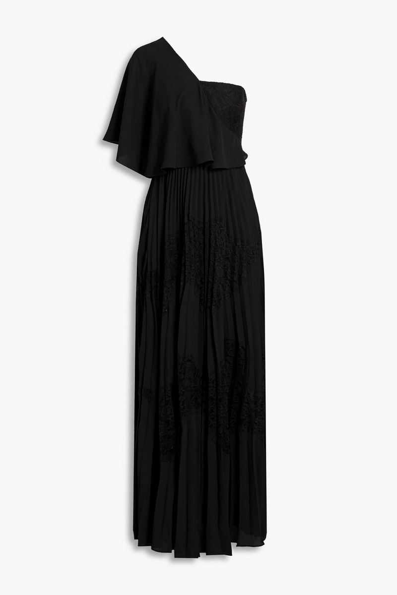 Mikael Aghal - One-shoulder pleated crepe and lace maxi dress - Black - US 2