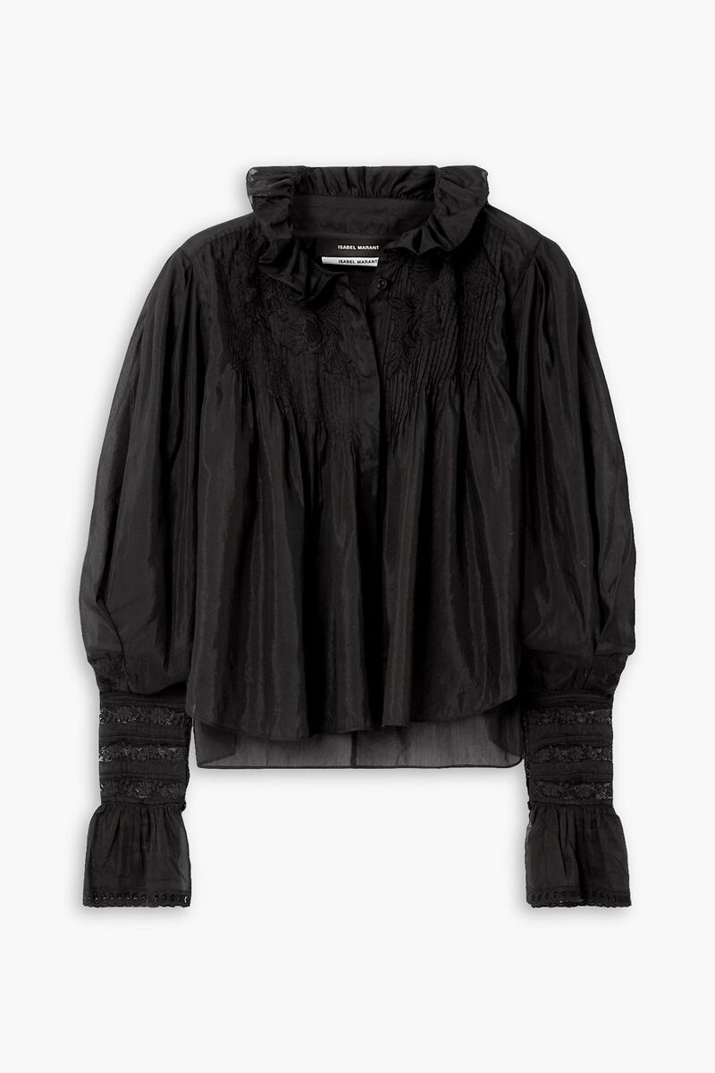 Isabel Marant - Ginette lace-trimmed ruffled cotton and silk-blend blouse - Black - FR 34