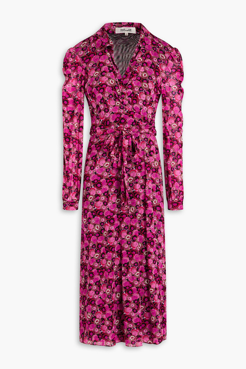 diane von furstenberg - phoenix printed mesh midi wrap dress - purple - xxs