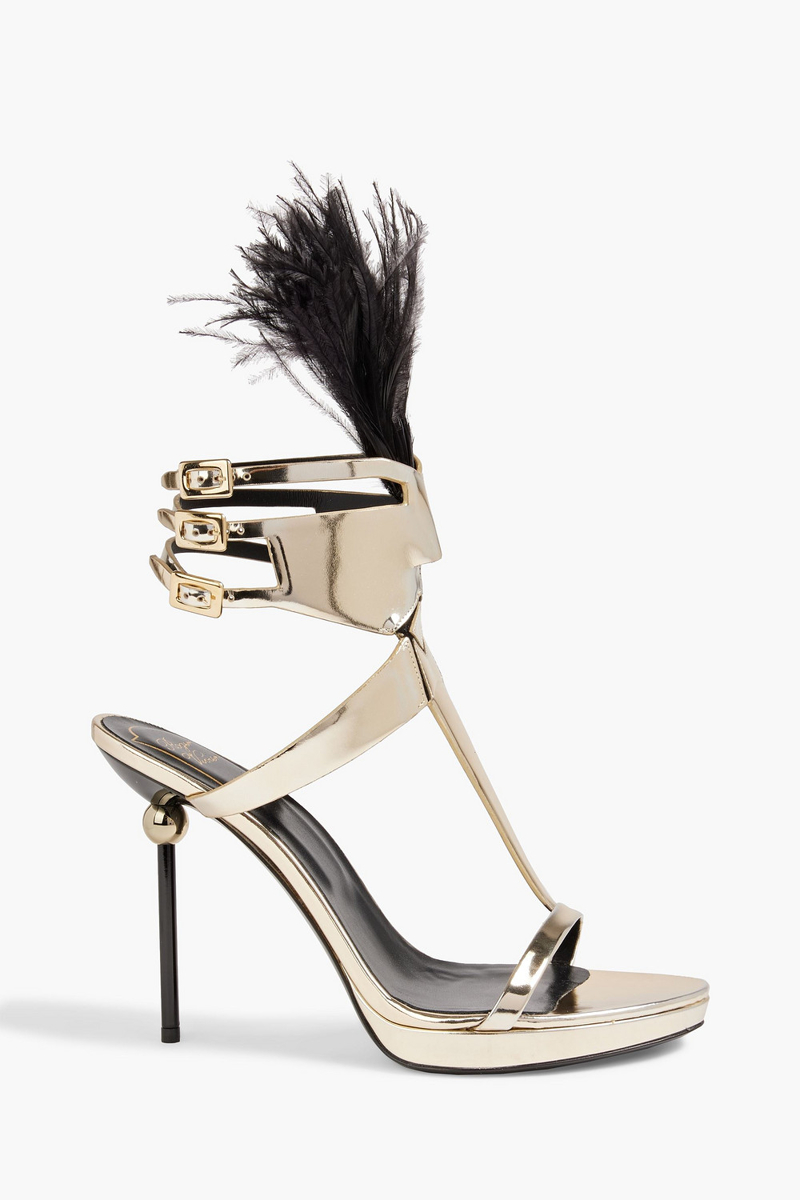 Roger Vivier - Feather-embellished mirrored-leather platform sandals - Metallic - EU 38