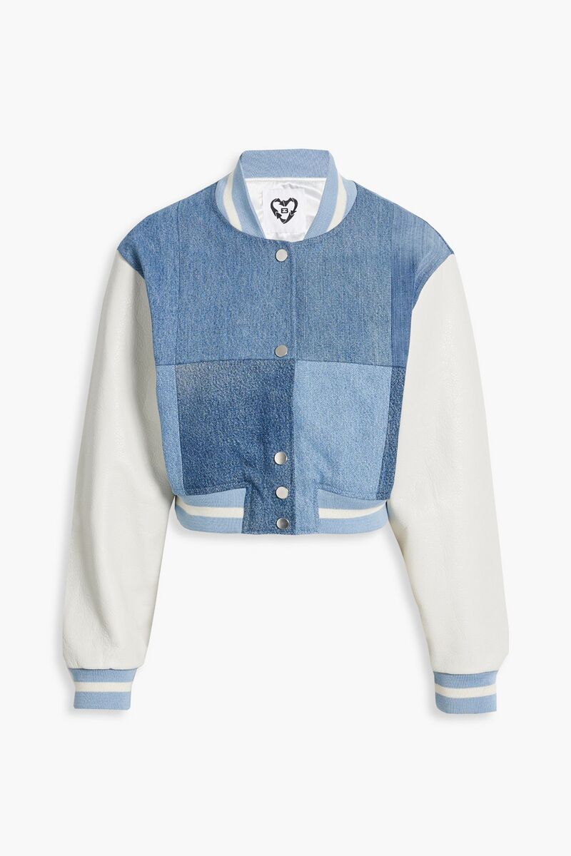 EB Denim - Cropped patchwork-effect denim and leather bomber jacket - Blue - XXS