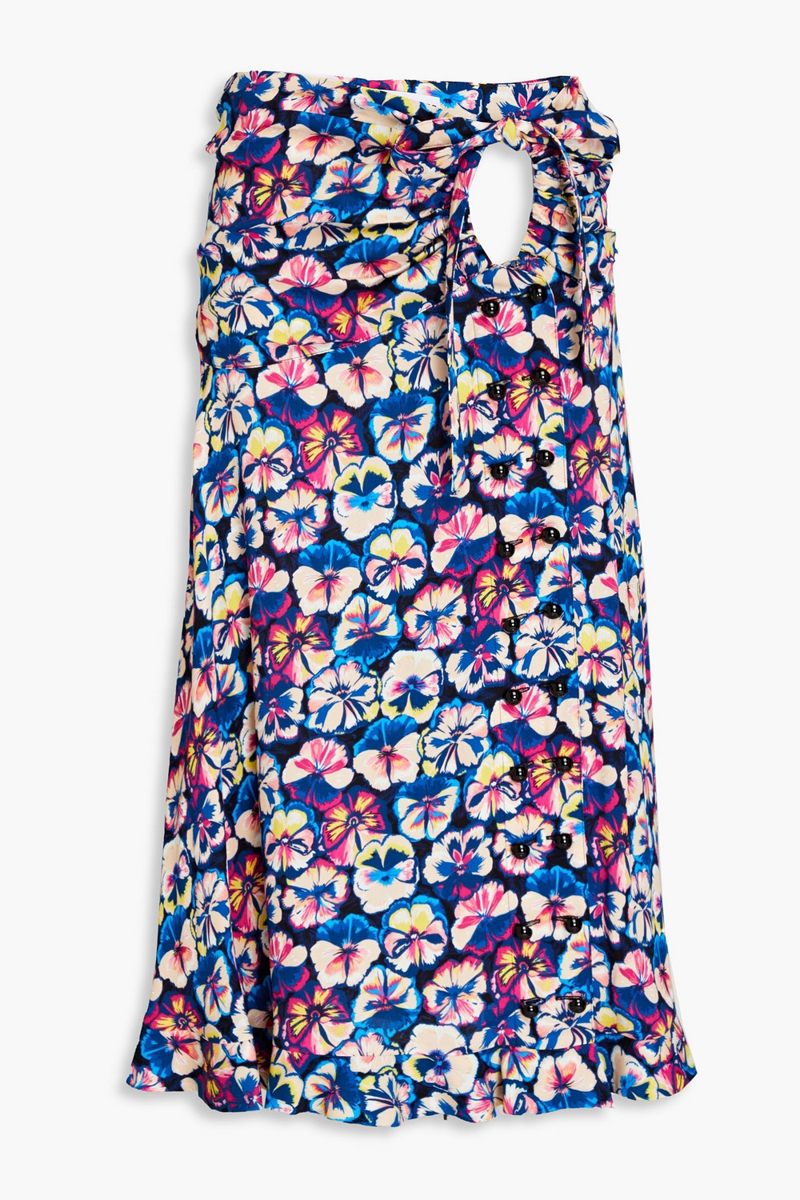 RABANNE - Cutout ruched printed crepe midi skirt - Blue - FR 38