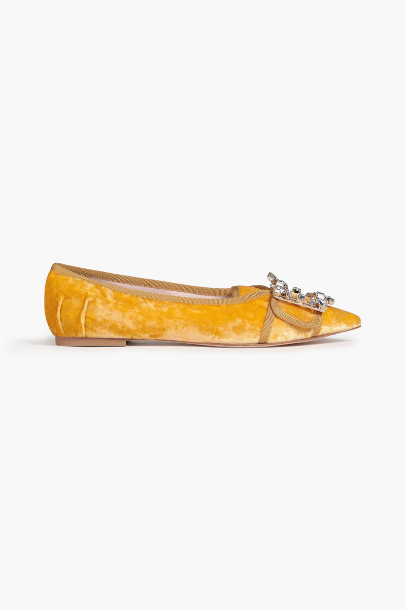 Roger Vivier - RV Broche embellished velvet point-toe flats - Yellow - EU 36.5