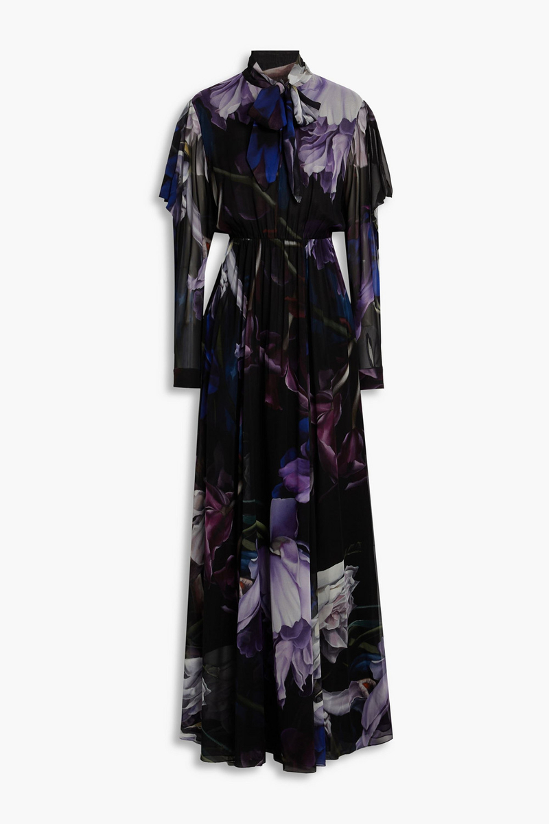 Roberto Cavalli - Pussy-bow floral-print silk-chiffon maxi dress - Purple - IT 38