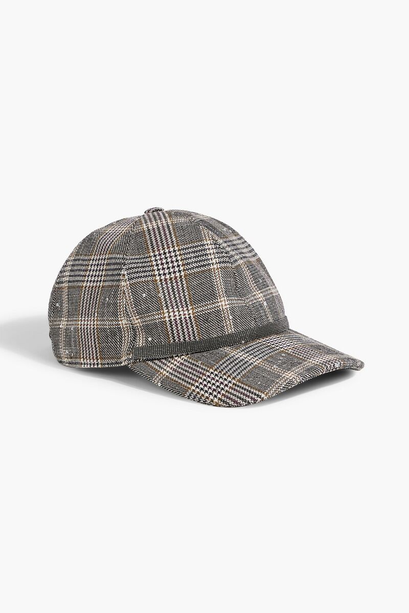 Brunello Cucinelli - Embellished Prince of Wales checked wool-blend tweed baseball cap - Neutral - M