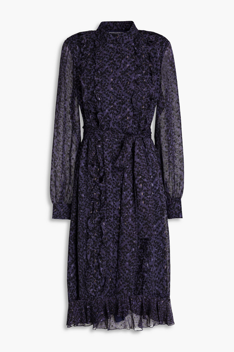 Mikael Aghal - Printed metallic fil coupé chiffon midi dress - Blue - US 10