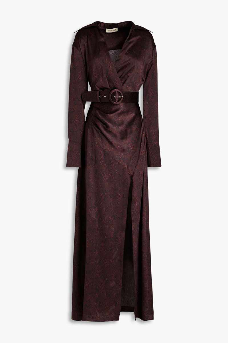 Nicholas - Wrap-effect snake-print silk-satin gown - Burgundy - US 0
