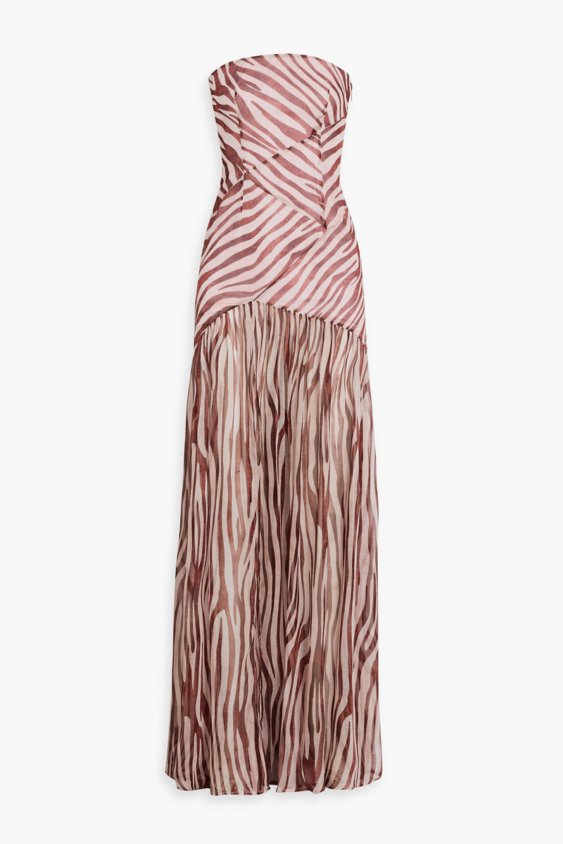 retrofête - nicole strapless zebra-print silk-chiffon maxi dress - pink - s