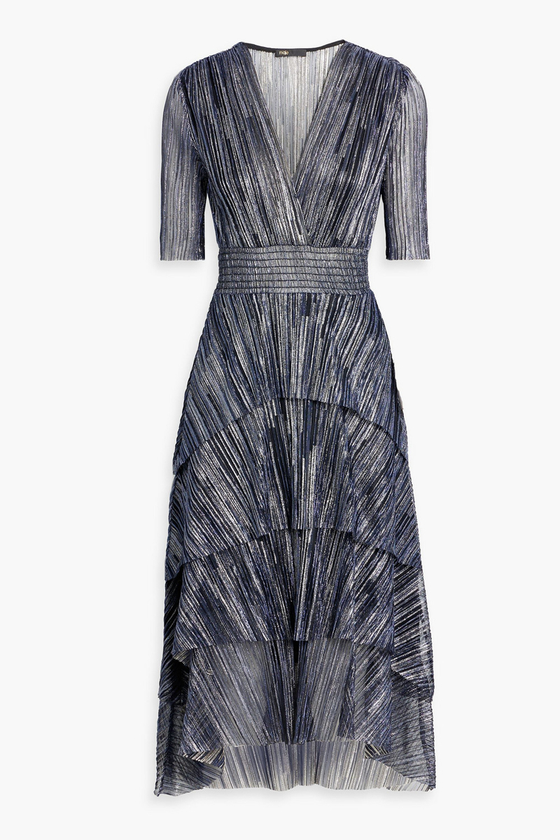 maje - tiered lamé midi dress - blue - fr 34