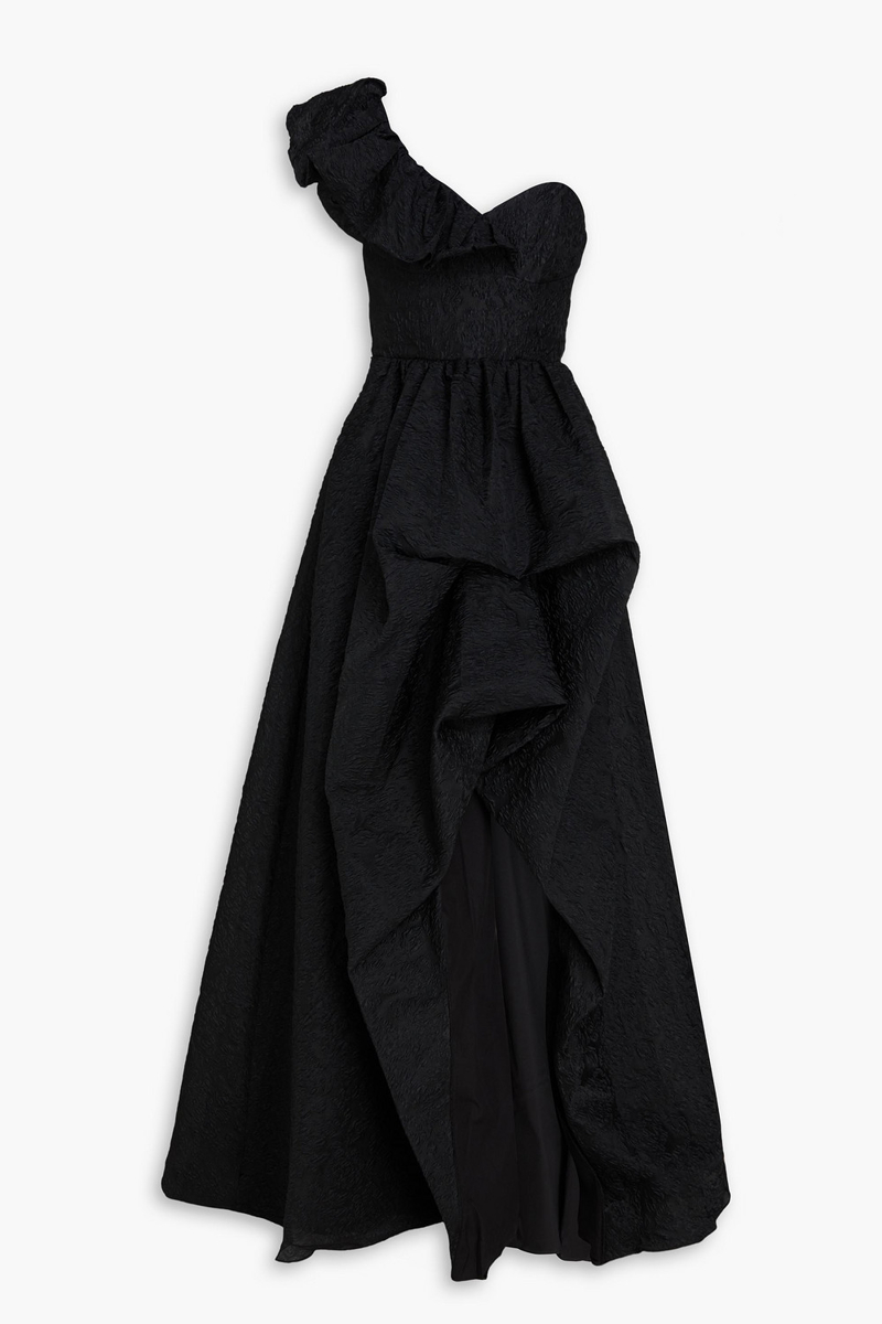 marchesa notte - one-shoulder ruffled cloqué gown - black - us 6