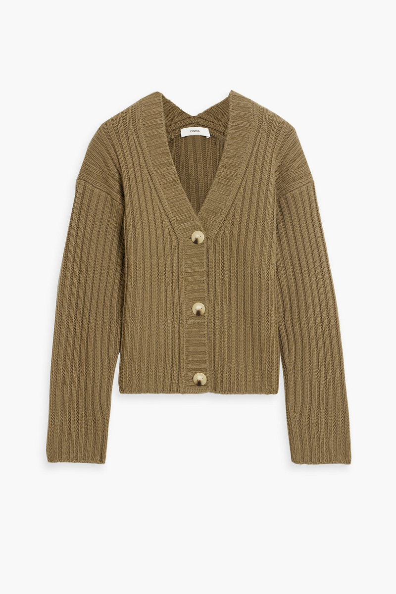 vince. - ribbed wool and cashmere-blend cardigan - green - xs