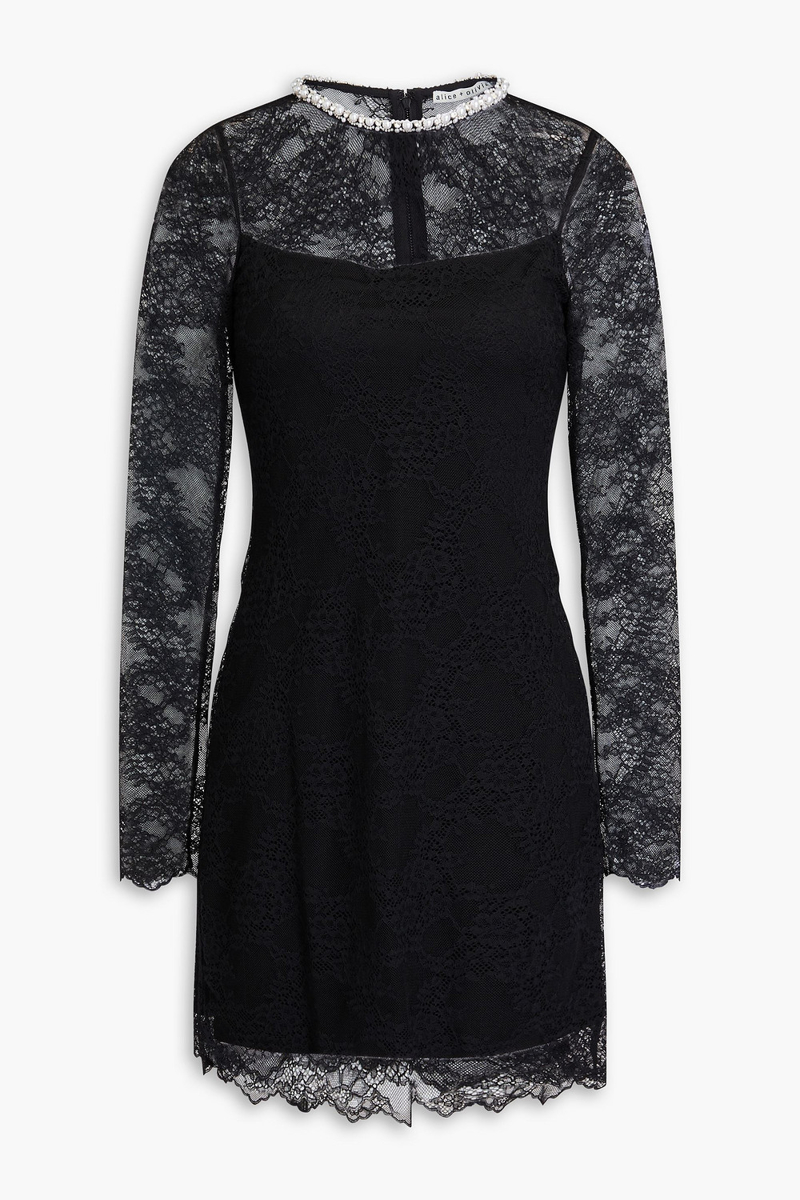 alice olivia - crystal-embellished corded lace mini dress - black - us 0