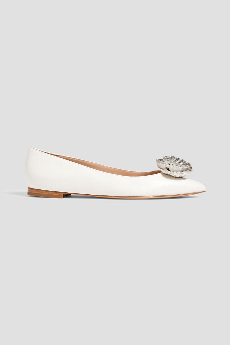 Gianvito Rossi - Karina floral-appliquéd leather point-toe flats - White - EU 41