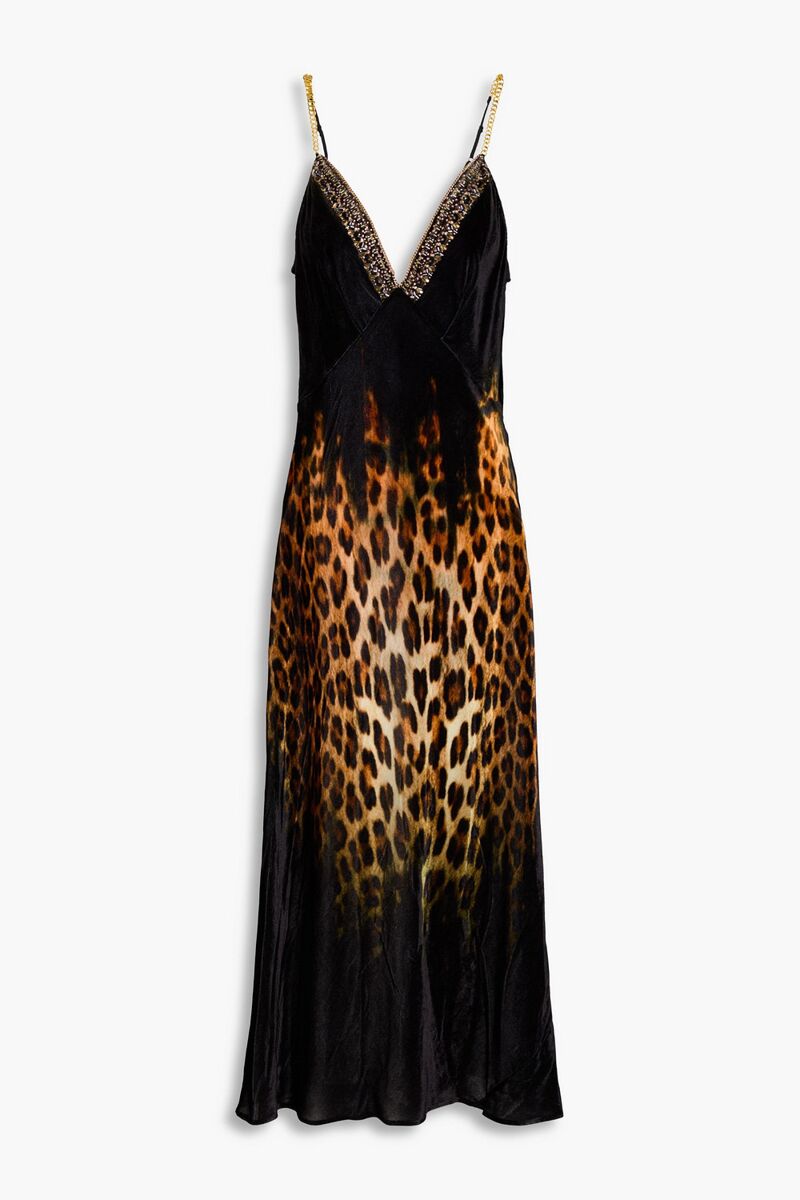 Camilla - Embellished leopard-print velvet midi slip dress - Black - L