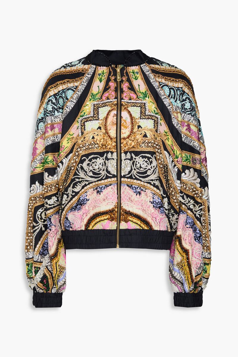 Camilla - Embellished printed silk-twill bomber jacket - Black - S
