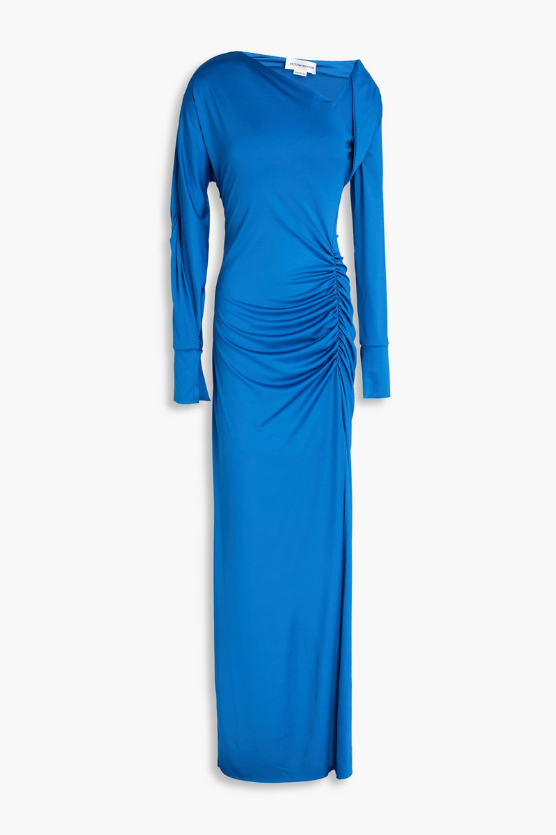 victoria beckham - asymmetric ruched stretch-jersey maxi dress - blue - uk 8