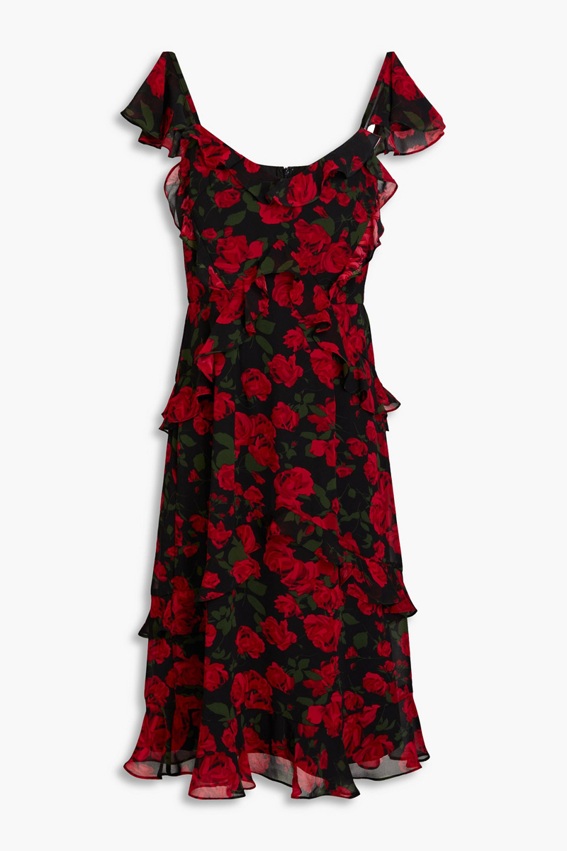 mikael aghal - ruffled floral-print georgette midi dress - red - us 6