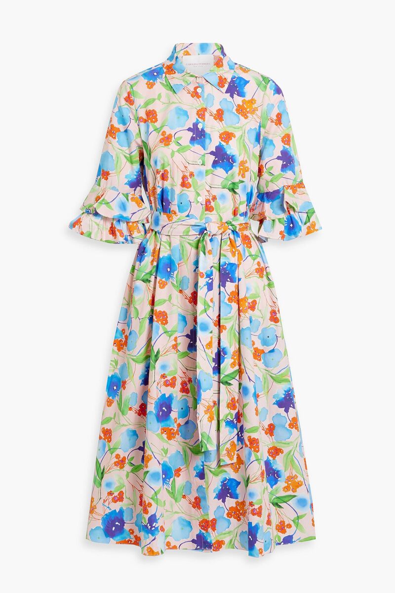 Carolina Herrera - Belted floral-print cotton-poplin midi shirt dress - Pink - US 0