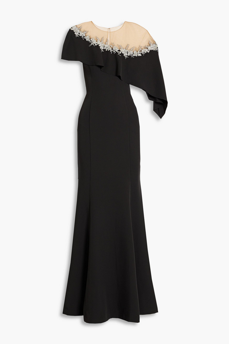 Marchesa Notte - Embellished tulle-paneled draped crepe gown - Black - US 6