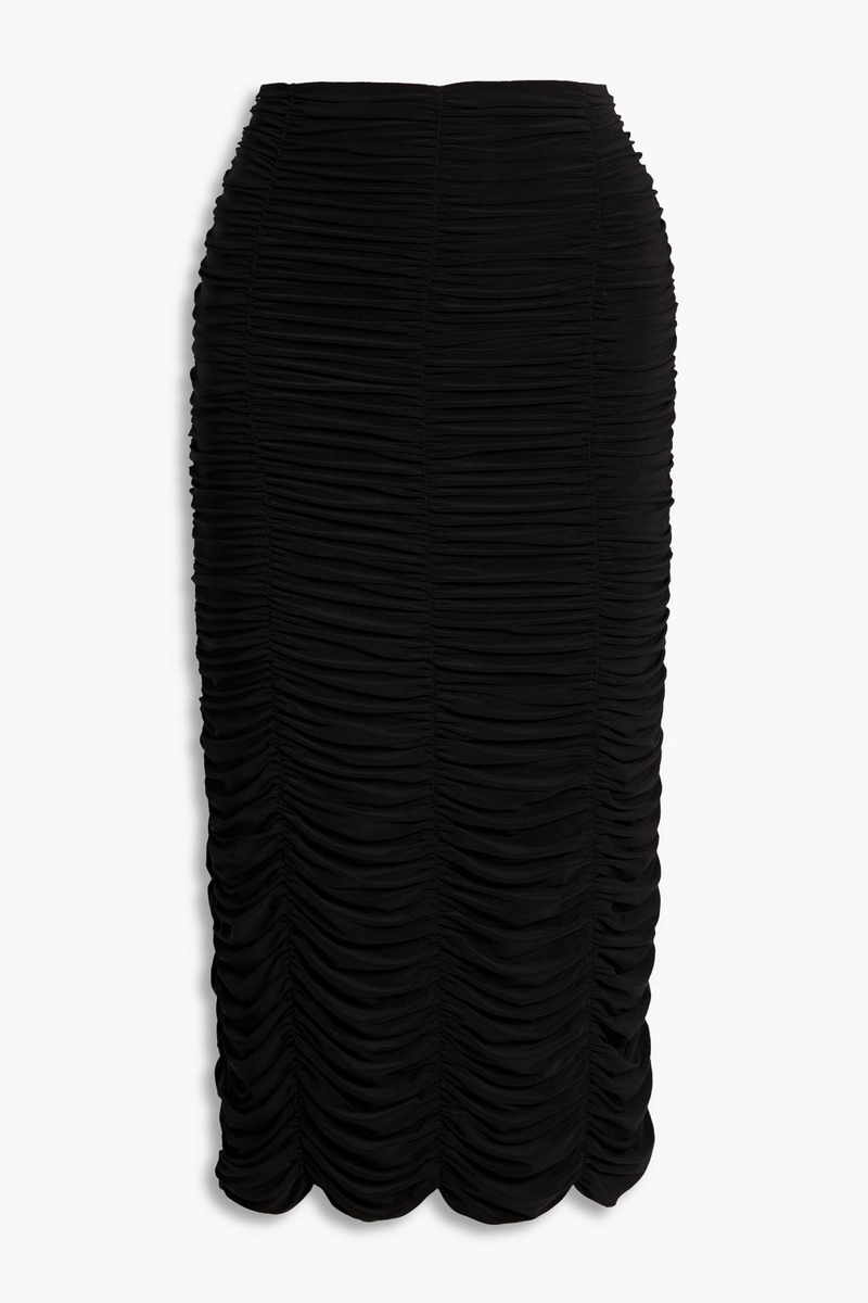 tibi - ruched stretch-jersey midi skirt - black - us 0