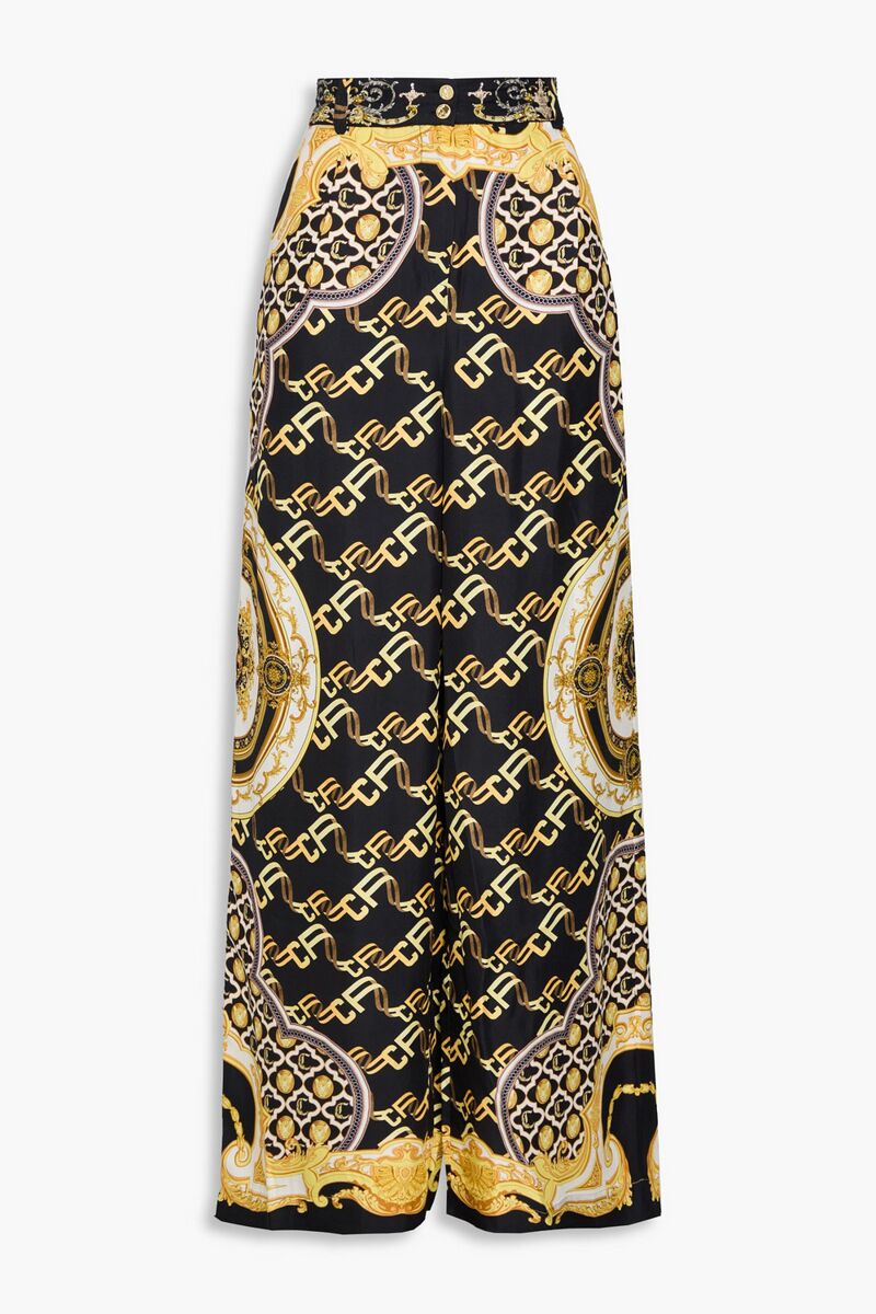 Camilla - Crystal-embellished printed silk-twill wide-leg pants - Black - S