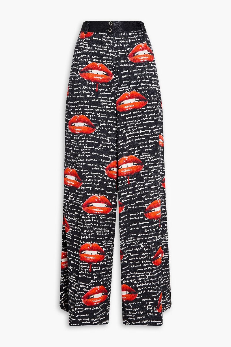 Camilla - Printed satin-jacquard wide-leg pants - Black - L