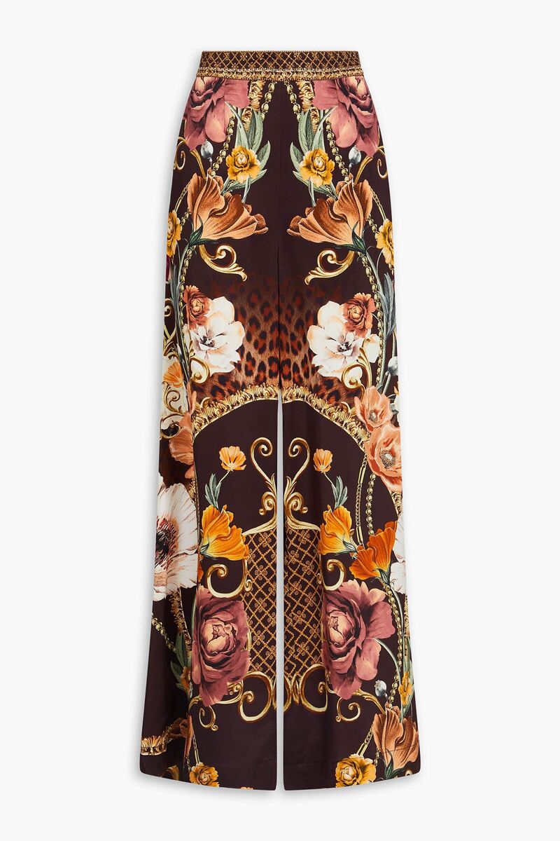 Camilla - Crystal-embellished printed silk-satin wide-leg pants - Brown - XS