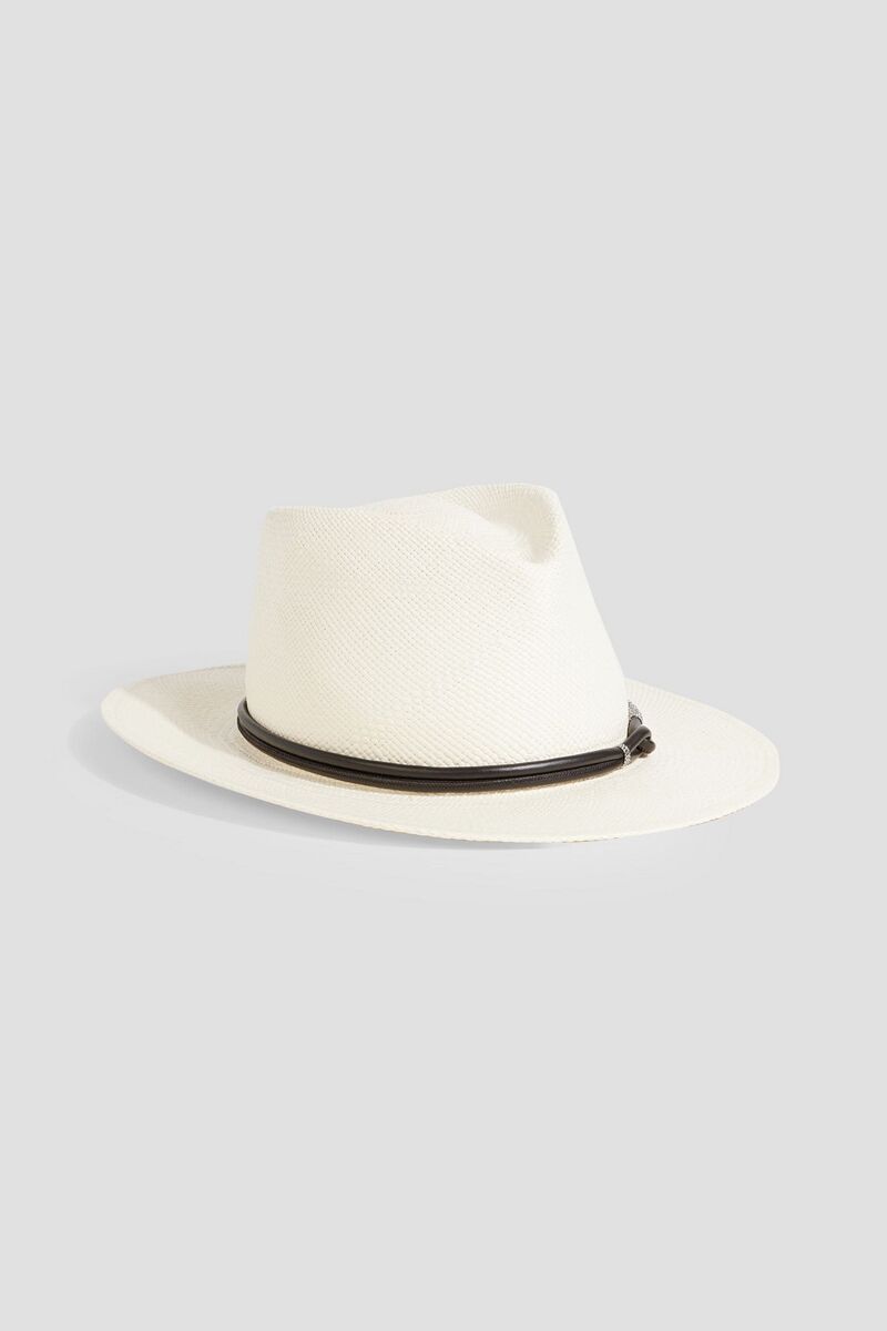 Brunello Cucinelli - Bead-embellished leather-trimmed straw fedora - White - L