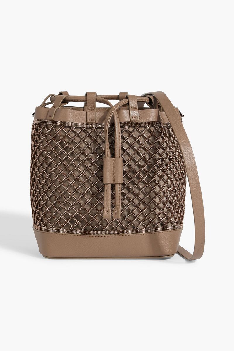 Brunello Cucinelli - Bead-embellished laser-cut leather bucket bag - Neutral - OneSize